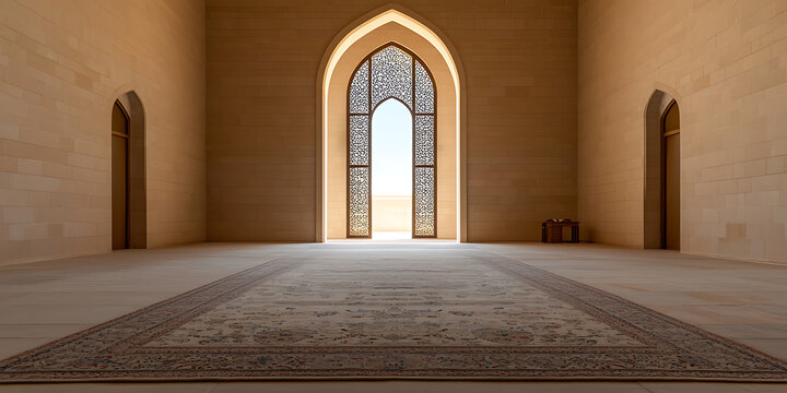 A serene interior with an arched window framing a sun-drenched desert vista, complemented by an ornate rug and stone walls, evokes peace & tranquility.