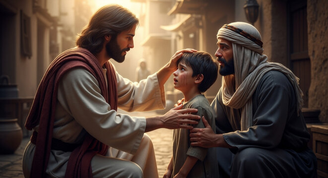 Jesus healing a sick child in a biblical scene. A compassionate miracle of faith and hope. The father watches as his son is blessed