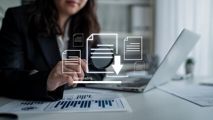 Visual representation of digital document downloading, showing file transfer, data access, and...