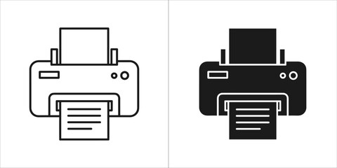 Printer icon set, depicting both a line art version and a solid black version