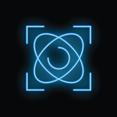 Blue neon atom symbol glowing inside digital focus frame on black brick wall