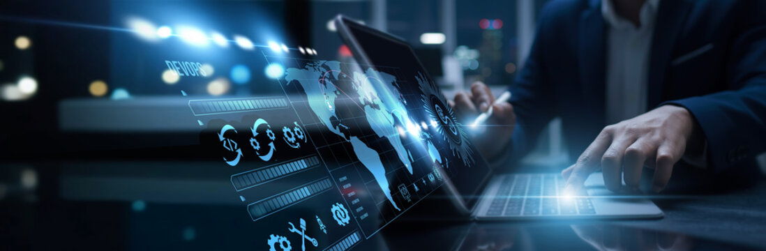 Developer connected to digital DevOps access deployment systems. Continuous integration, cloud operations, automation workflow, and software delivery improvement.