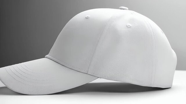 A single white baseball cap, viewed in profile, sits on a white surface, with a blurred background