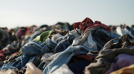 A huge heap of discarded clothing under the bright sky suggests the consequences of fast fashion. The image highlights the urgency of sustainable and responsible textile waste.
