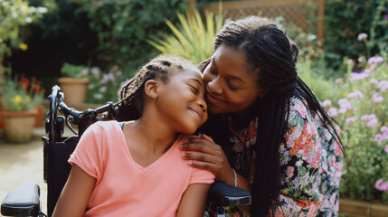 Happy candid mixed race mother and disabled child in a wheelchair spending time together in a summer garden. Supportive inclusive family with handicapped children. Inclusion & diversity