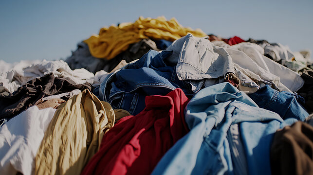 Textile waste in colorful heaps against the blue sky. Focus on the importance of recycling and reusing discarded clothing items to combat pollution and promote sustainability. - Powered by Adobe