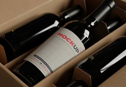 Wine Bottle Label Mockup on Box with Bottles