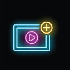 Colorful neon sign illustrating a video player with a plus sign, symbolizing the concept of adding video content to a playlist