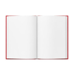 Open empty book, vibrant red hardcover, transparent blank pages, isolated on plain white background, copy space, flat lay, concept of new beginnings.