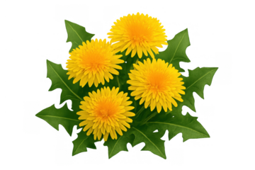 Dandelions blooming with green leaves, symbolising spring and vibrant nature on transparent background