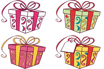 set of Gift box with ribbon and sale label silhouette vector illustration isolated on white background