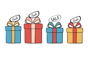 set of Gift box with ribbon and sale label silhouette vector illustration isolated on white background