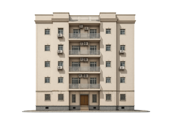 Beige Apartment Building with Balconies isolated on a transparent background