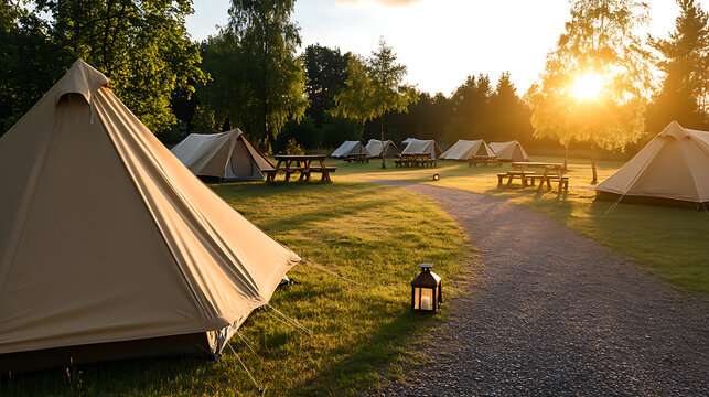 Golden hour over a camping ground with beige tents and picnic tables. A path leads to the tents under the sunlit trees, creating a serene outdoor escape.