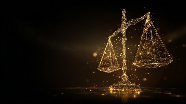 Golden polygonal justice scale made of glowing network lines on dark background