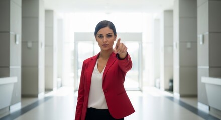 Fototapeta premium Confident Businesswoman in Red Blazer Pointing Finger Forward in Modern Office Building Hallway
