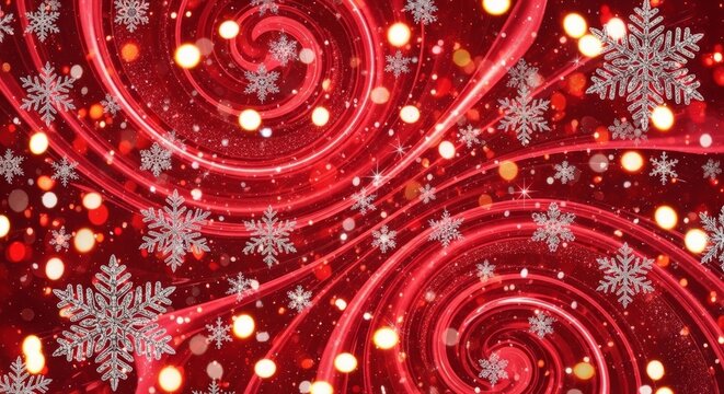 A bright red abstract background with swirling light trails, silver snowflakes, and warm bokeh sparkles creating a glittering holiday pattern.