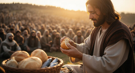 Jesus Christ feeding the multitude with loaves and fishes. A biblical depiction of the gospel miracle of sharing bread. Christian faith and compassion concept in cinematic golden hour light