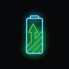 Bright green neon battery icon glowing on a black background, with upward arrow and charge level indicator