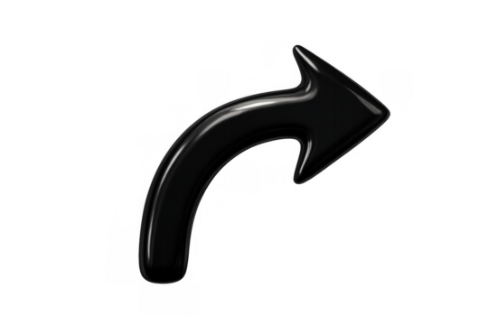 Black glossy 3d arrow icon pointing forward and curving upwards, indicating a response or undo action