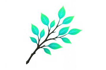 Glowing turquoise leaves on a branch, fantasy plant illustration, magic nature element with transparent background