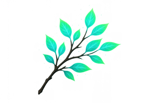 Glowing turquoise leaves on a branch, fantasy plant illustration, magic nature element with transparent background - Powered by Adobe