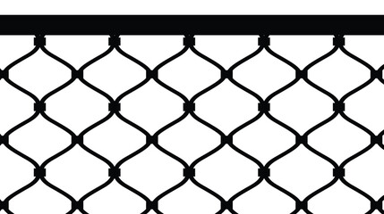 Fototapeta premium Vector illustration of a seamless chain-link fence pattern. Thick black lines form a diamond mesh against a white background, with a solid black top border. Represents security, barrier, or boundary.
