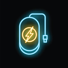 Glowing neon sign of a power bank charging with a lightning bolt symbol, representing portable power and energy