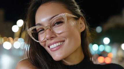 Close-up of a joyful woman in stylish glitter cat-eye glasses, winking coquettishly, posing against a city nightscape with blurred lights. 