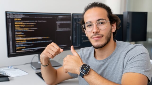 Confident South American male coder in glasses and a t-shirt, sitting at a desk with dual monitors, holding a smartwatch and pointing at it with a proud smile, with code visible on the screens. 
