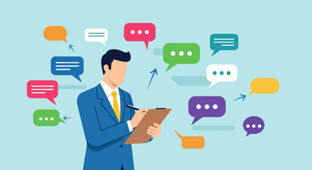 Business communication and feedback concept with a man writing notes surrounded by speech bubbles
