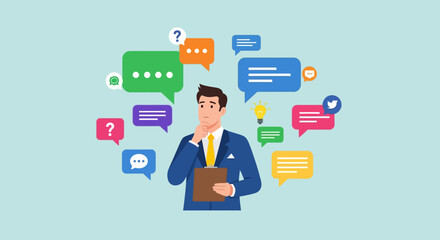 A businessman deep in thought surrounded by various communication bubbles and icons, representing ideas, questions, and social media