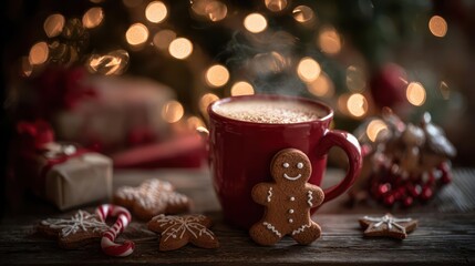 Cozy red mug of steaming hot chocolate surrounded by gingerbread cookies and christmas lights