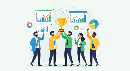 Successful Business Team Celebrating a Championship Trophy with Financial Charts and Graphs