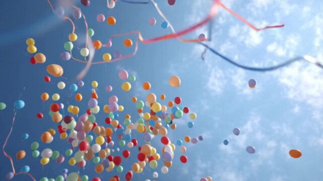 A cinematic scene of multicolor balloons released into the sky, floating joyfully and creating a vibrant, festive atmosphere, capturing the freedom, celebration, and playful energy of the moment