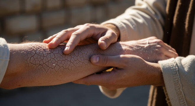 Jesus Christ touching and healing a man with leprosy. A biblical scene depicting a miracle of faith and compassion