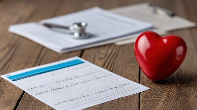 ECG printout placed on a wooden table, next to a heart model and medical charts.