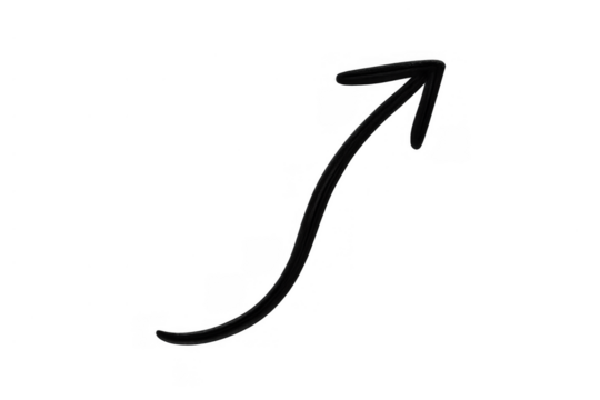 Hand drawn black arrow curving up, pointing direction to growth, success, and rising progress concept