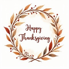 Happy Thanksgiving Day, celebration illustration. Autumn wreath made of colorful leaves and berries. Warm seasonal design. Greeting cards, packaging, social media, and festive decoration.