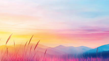 Serene landscape featuring pastel meadow with tall grass against colorful sunset sky. soft hues create tranquil atmosphere