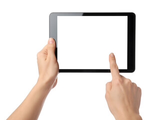 Close-up of hands interacting with a tablet screen demonstrating touchscreen technology isolated on transparent background
