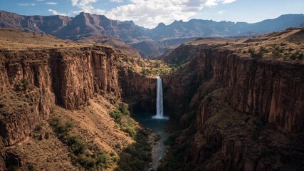 Majestic Grand Canyon waterfall cascading into turquoise pool surrounded by rugged desert cliffs under - Powered by Adobe