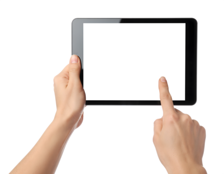 Close-up of hands interacting with a tablet screen demonstrating touchscreen technology isolated on transparent background
