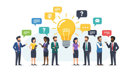 Diverse group of professionals collaborating around a bright idea lightbulb with speech bubbles representing communication and brainstorming