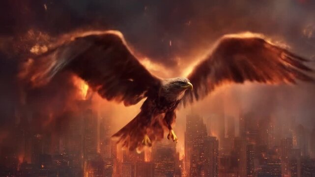 Powerful fiery bird, like an eagle or hawk, soaring above a burning, apocalyptic cityscape with smoke and flames.
