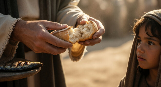 Jesus Christ giving bread and fish to a hungry child. Close-up on the miracle of the loaves and fishes. Biblical scene of charity and faith