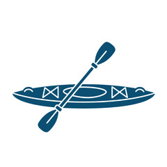 Dark blue kayak and paddle icon on white background boat water