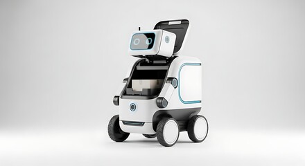 Autonomous delivery robot on white background offering contactless services futuristic concept