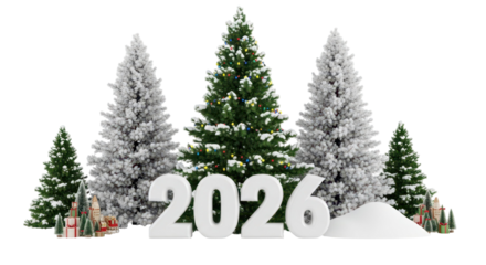 New Year 2026 Celebration: Capturing the essence of new year celebration. An array of decorative pine trees, stands tall, as a sign of renewal, freshness.
