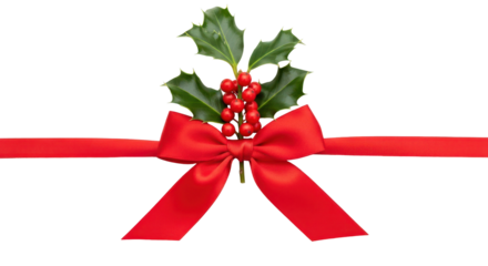 Festive Adornment: A vibrant holly sprig, adorned with luscious red berries, is artfully paired with a delicately tied red ribbon, creating a picturesque scene.